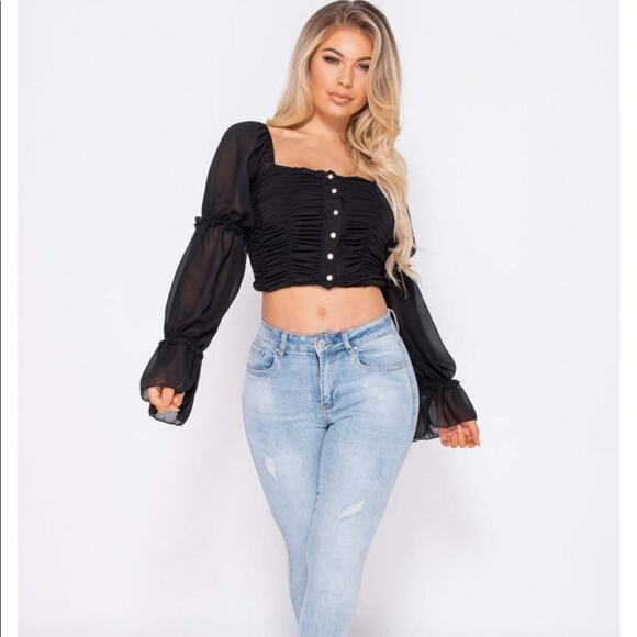 NWT Parisian Off Shoulder Ruched Sheer Top Womens 8 Black Romantic Coquette - Picture 4 of 5